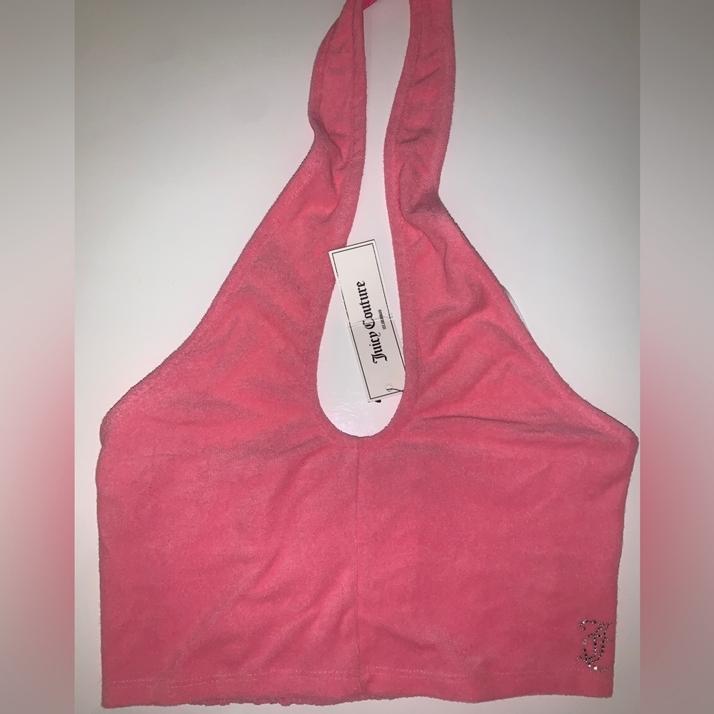 FLASH SALE Juicy Couture Halter Cut Off Terry Pink Top Embellished Initials